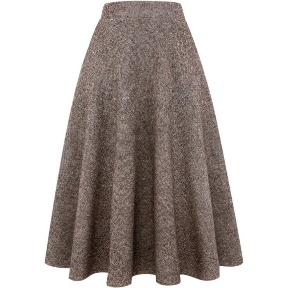 Dresses & Skirts - Womens Long Coffee Elastic Waist A-Line Pleated Tartan Long Plaid Wool Skirts